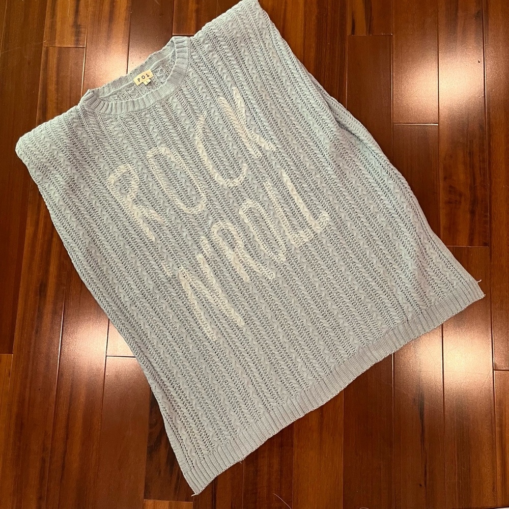 POL Light Blue Sweater Vest Shoulder Pads Knit Rock and Roll Graphic Boho Size L
